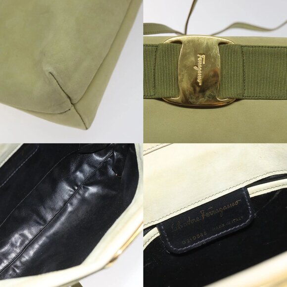 Salvatore Ferragamo Shoulder Bag Suede Green Gold Auth bs25782